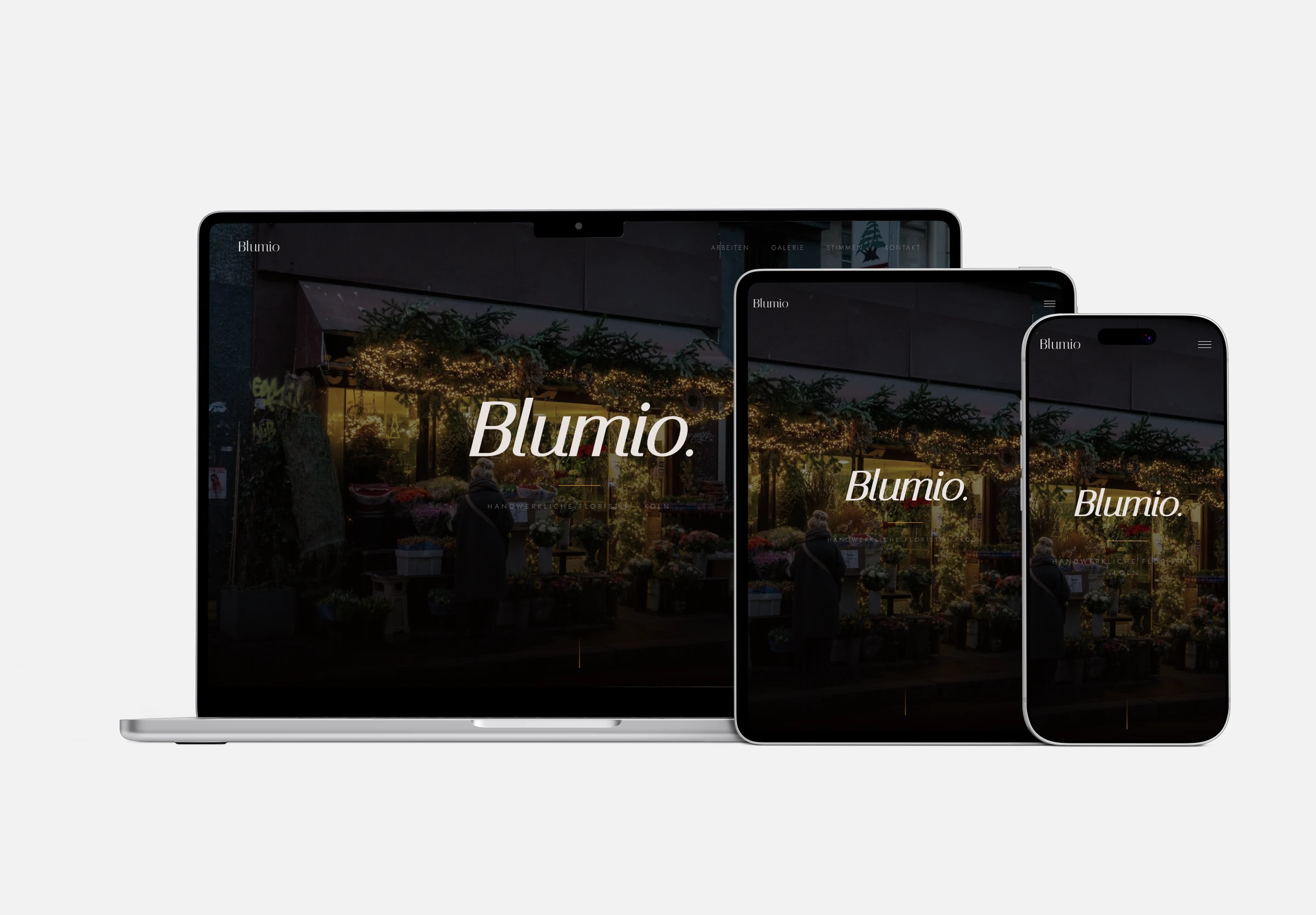 Blumio Designstudie mit ausdrucksstarker Typografie und Blumenfotografie